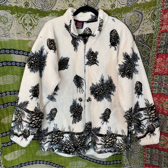 Rare Vintage Mazmania Ivory Pinecone Fleece Jacket Size Medium/ Large - Picture 1 of 16